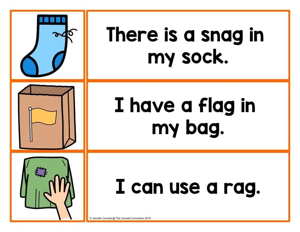 -ag sentence matching cards: a snagged sock, a flag in a bag and a hand on a rag, each paired with a short sentence