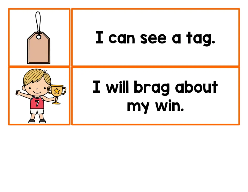 Last two -ag cards: a picture of a tag for "I can see a tag." and a boy with a trophy for "I will brag about my win."