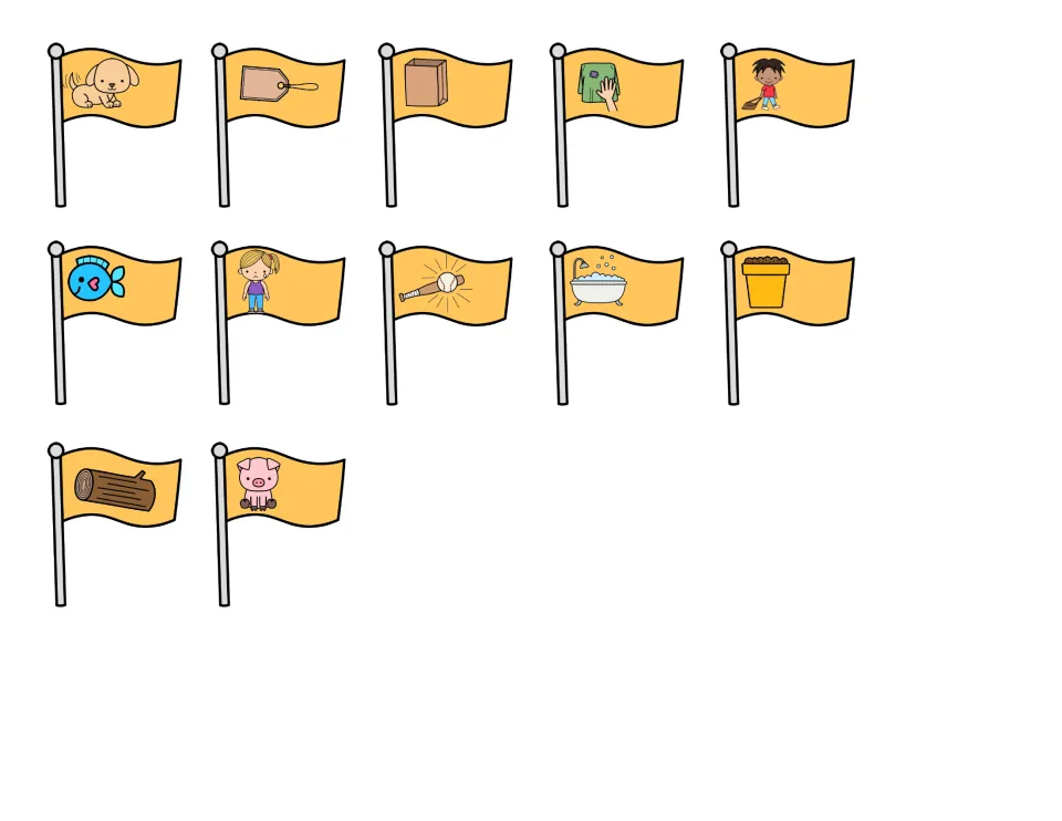 Picture flag cards: 12 cut-out flags showing a dog, tag, bag, fish, bat, bathtub, log, pig and more to sort by -ag sound