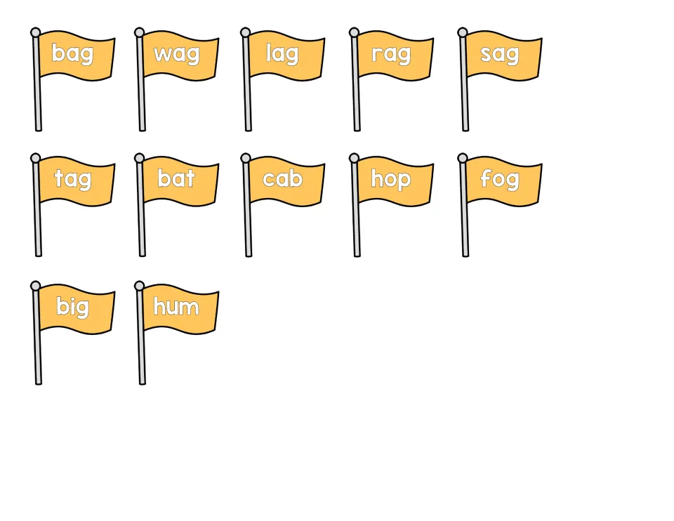 -ag word flags: 12 cut-out cards to sort, bag, wag, lag, rag, sag and tag mixed with bat, cab, hop, fog, big and hum
