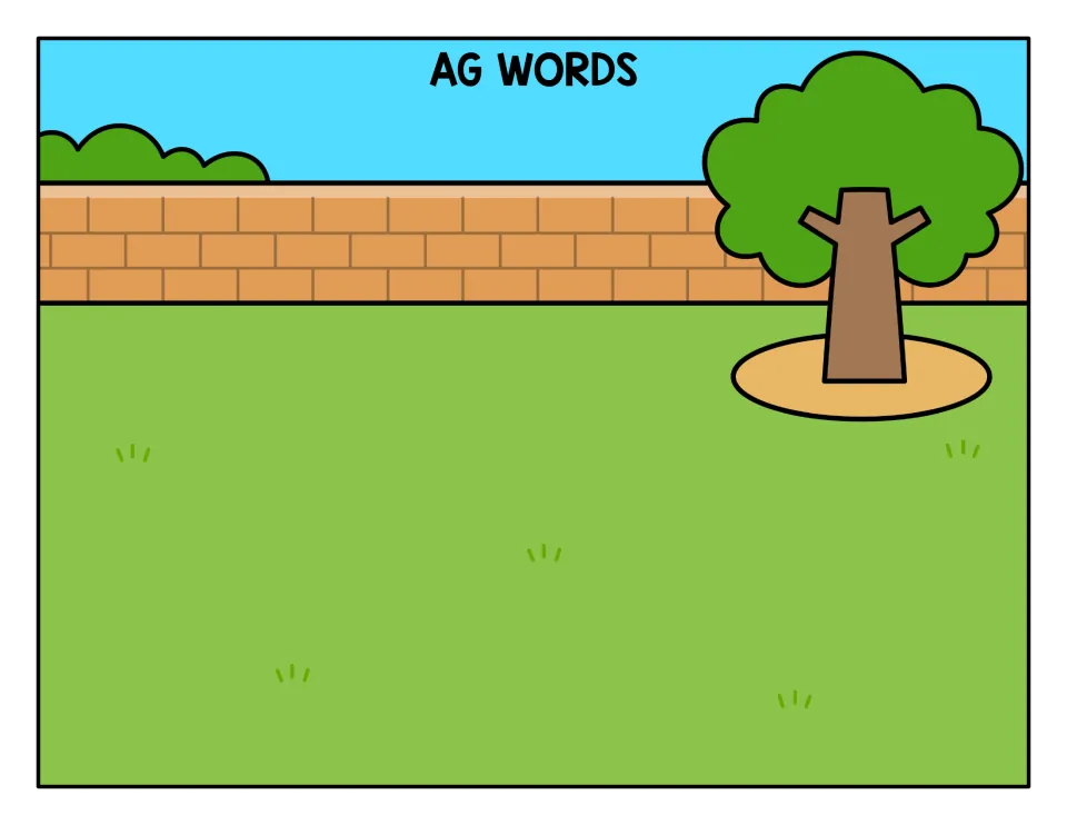 AG Words sorting mat: a backyard scene with a brick wall and tree where students place flags that belong to the -ag family