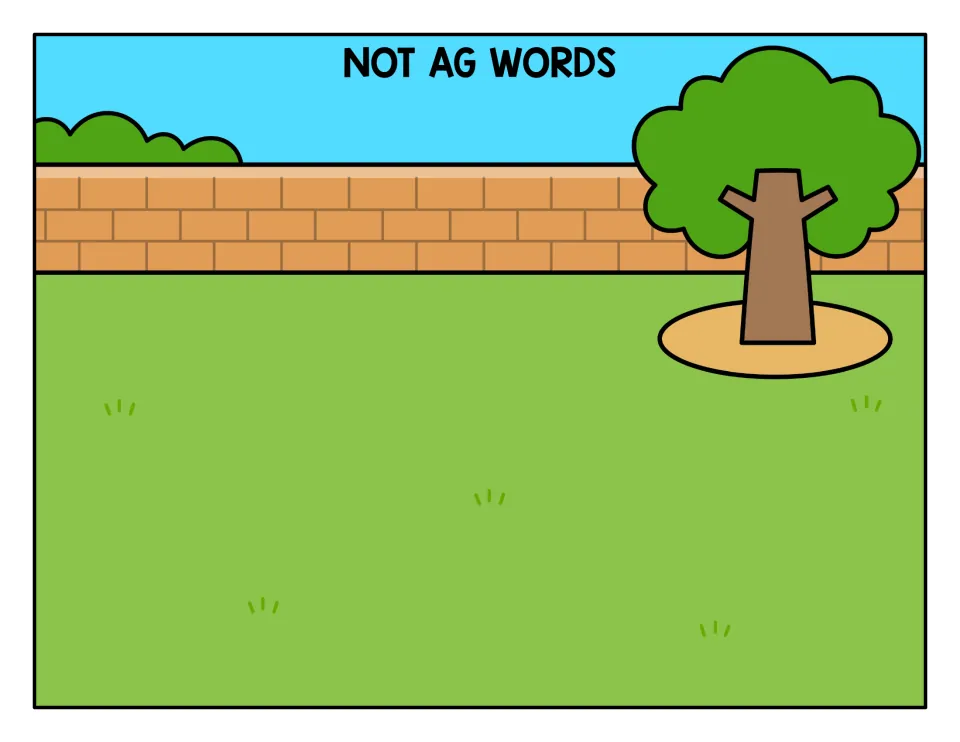 Not AG Words sorting mat: backyard scene where students place flags whose words or pictures do not end in -ag