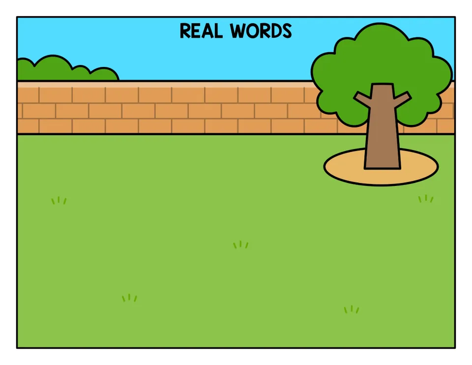 Real Words sorting mat: backyard scene where students set the -ag flags that spell real words such as bag, rag and tag