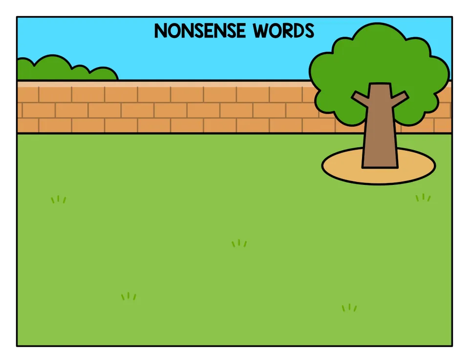 Nonsense Words sorting mat: backyard scene where students place made-up -ag words like kag, vag and qag after reading them