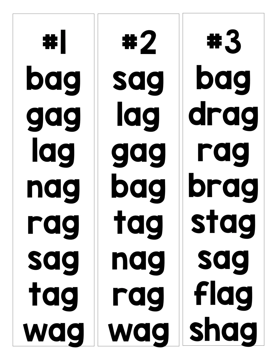 AG word family lists #1 to #3: students read bag, lag, wag, drag, brag, stag, flag and shag aloud for decoding fluency