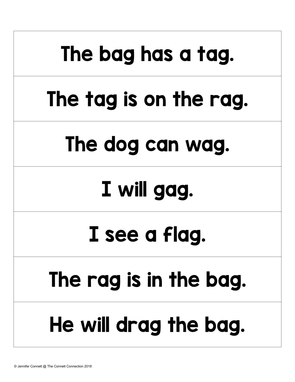 AG sentence strips: students read seven decodable sentences such as The bag has a tag and He will drag the bag