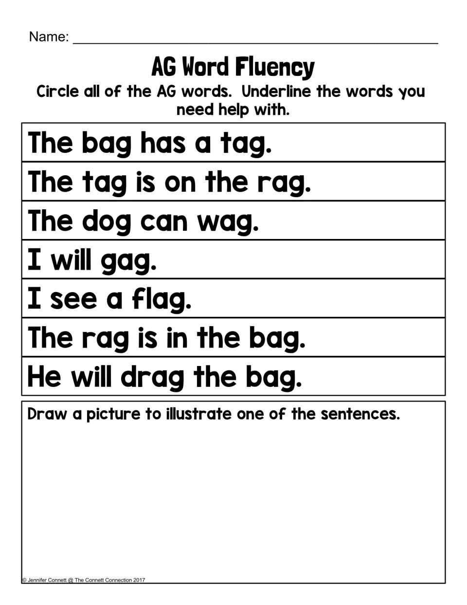 AG word sentences: students circle every -ag word, underline words they need help with, then illustrate one sentence