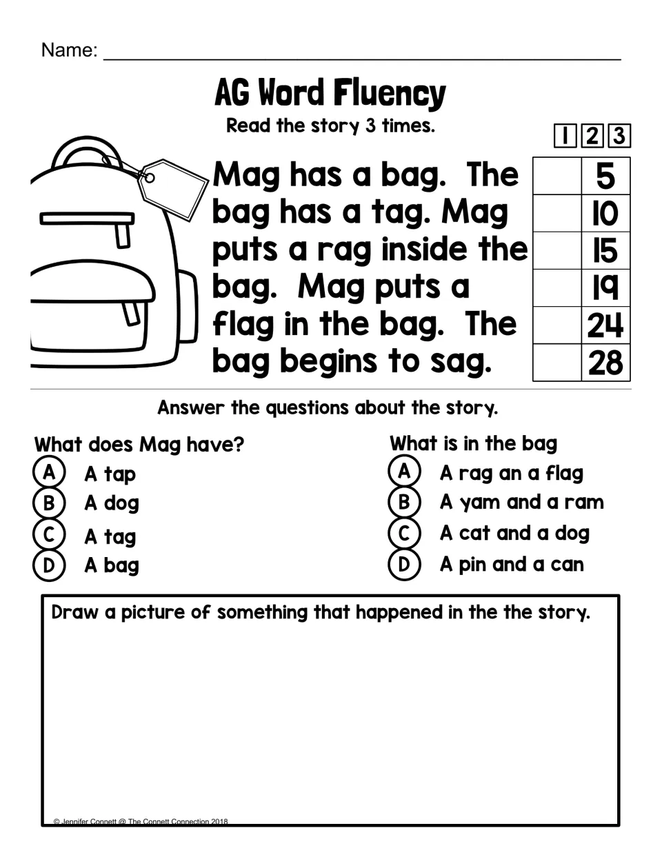 AG story about Mag's bag: students read it 3 times, answer two multiple-choice comprehension questions and draw an event