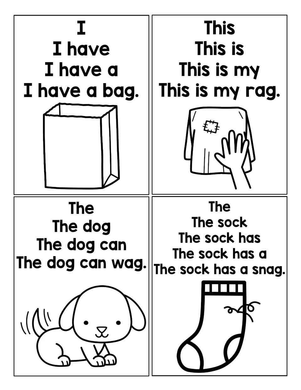 AG build-up sentence cards: students read I have a bag, This is my rag, The dog can wag and The sock has a snag