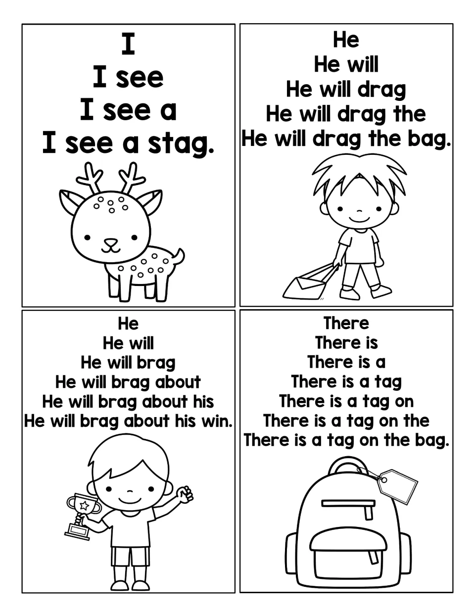 AG build-up cards: students read I see a stag, He will drag the bag, He will brag about his win, There is a tag on the bag