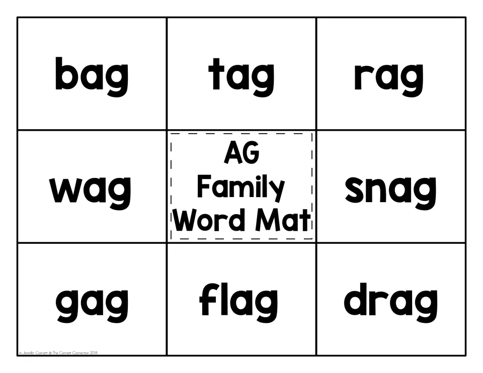AG family word mat: students read bag, tag, rag, wag, snag, gag, flag and drag and match a picture to each word