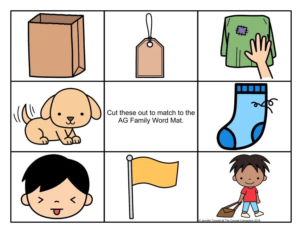 Color picture cards to cut out and match to the -ag word mat, showing a bag, tag, rag, wagging dog, snagged sock and flag