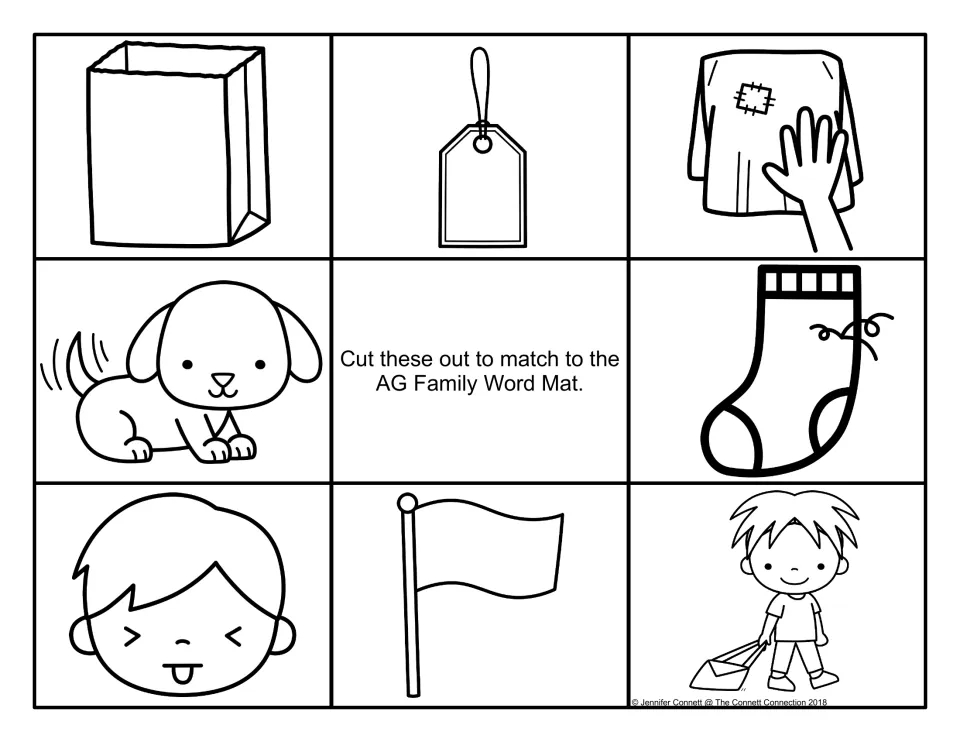 Black-and-white picture cards to cut out for the -ag word mat: bag, tag, rag, dog, sock, face, flag, boy dragging a bag