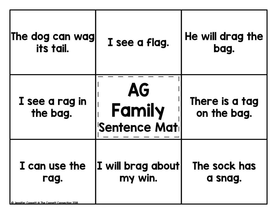 AG family sentence mat: students read eight -ag sentences, such as 'I see a flag.' and 'The sock has a snag.'