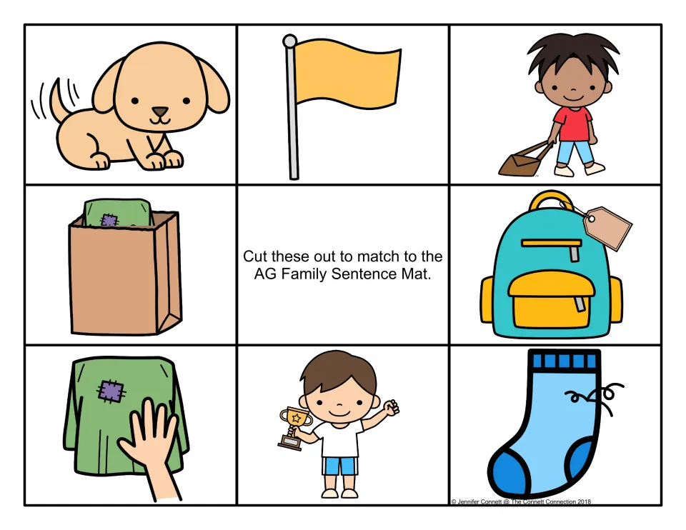 Color picture cards to cut out for the -ag sentence mat: dog, flag, rag in a bag, backpack with a tag, boy with a trophy