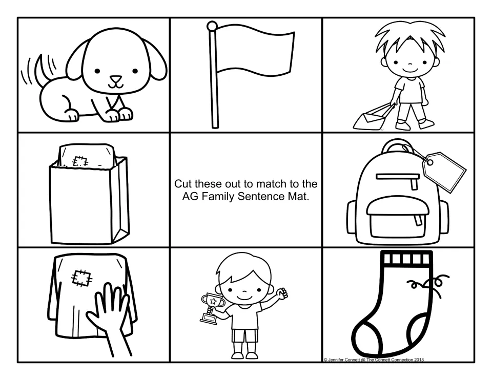 Black-and-white sentence-mat picture cards to cut out: dog, flag, boy dragging a bag, tagged backpack, snagged sock