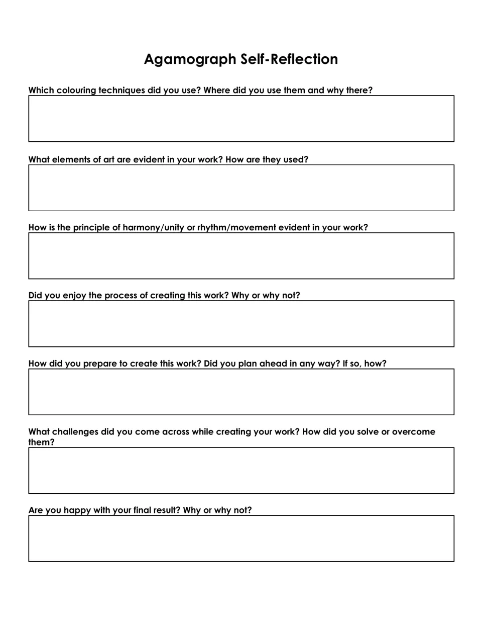 Agamograph reflection, part 1: seven prompts on coloring, art elements, principles, planning, and results.