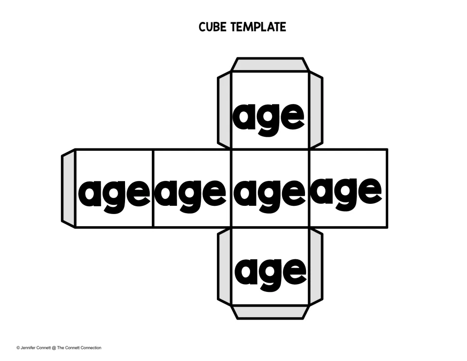 Cube template for the -age word family: students cut out and fold a die showing the rime "age" on all six faces