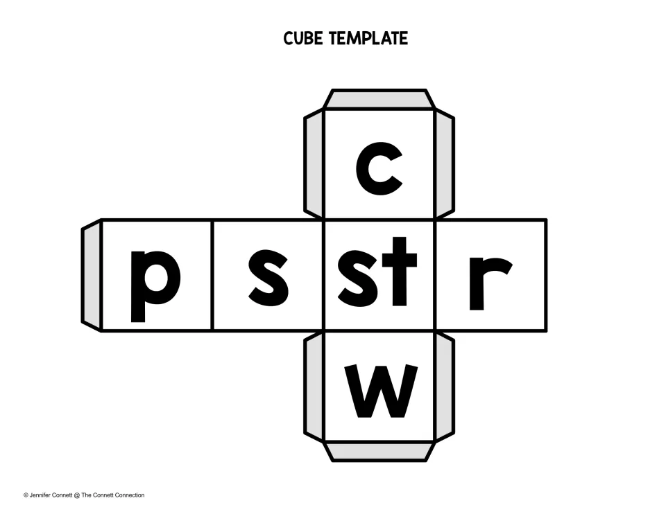 Cube template of beginning sounds: students build a die with c, p, s, st, r and w to blend with -age for CVCe words
