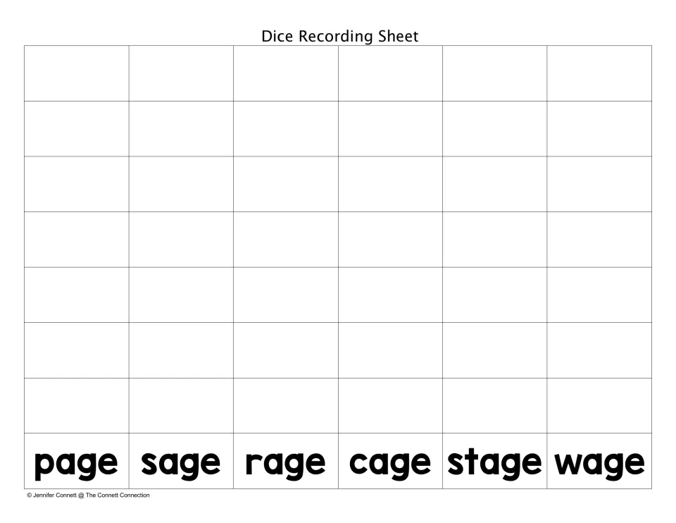 Dice recording sheet: students roll, read and write -age words above page, sage, rage, cage, stage and wage