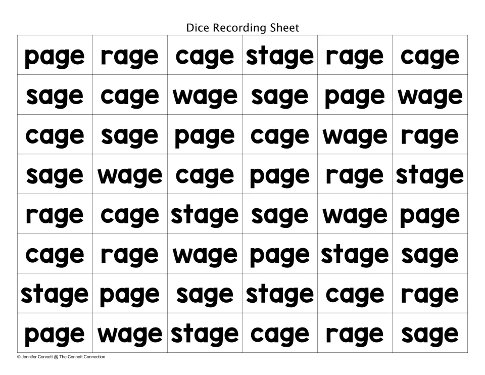 Dice recording sheet filled with -age words such as page, rage, cage, stage, sage and wage for students to read aloud