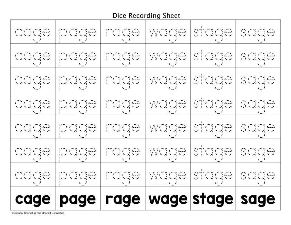 Dice recording sheet with dotted -age words to trace: students trace cage, page, rage, wage, stage or sage for each roll