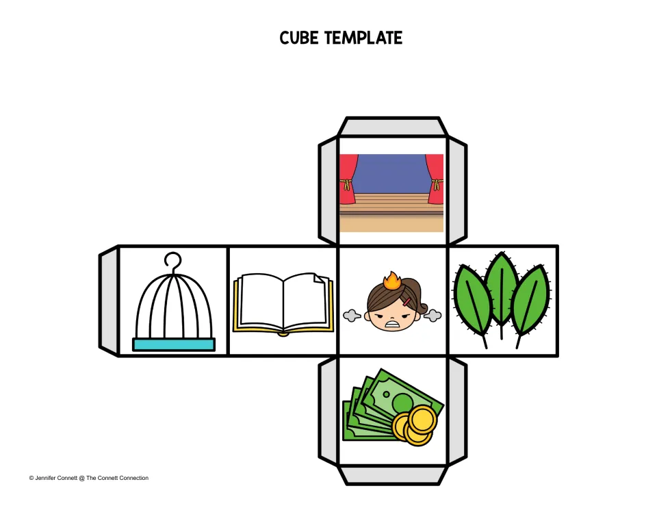 Color picture cube template: a stage, birdcage, open book, angry girl, sage leaves and money stand for the six -age words