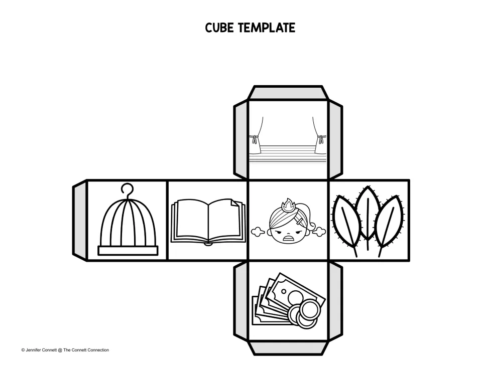 Black-and-white picture cube template of a stage, birdcage, book, angry girl, sage leaves and money for students to color