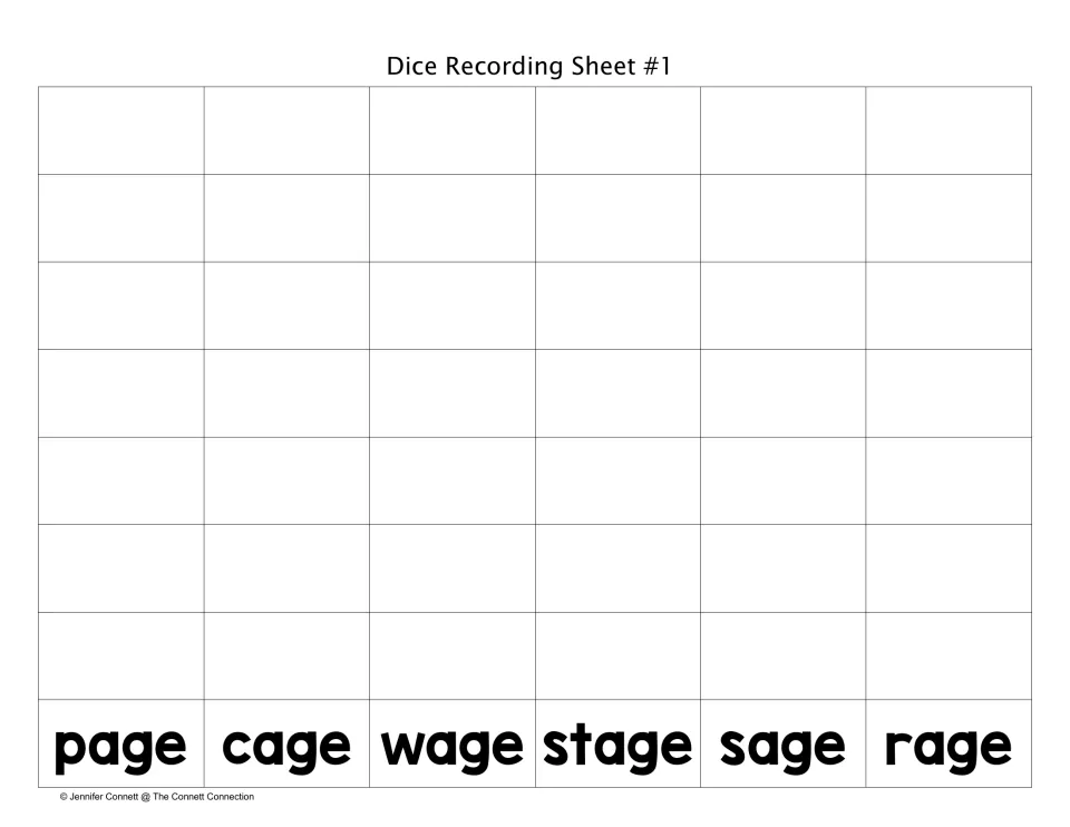 Dice Recording Sheet #1: students roll and write -age words above the labels page, cage, wage, stage, sage and rage