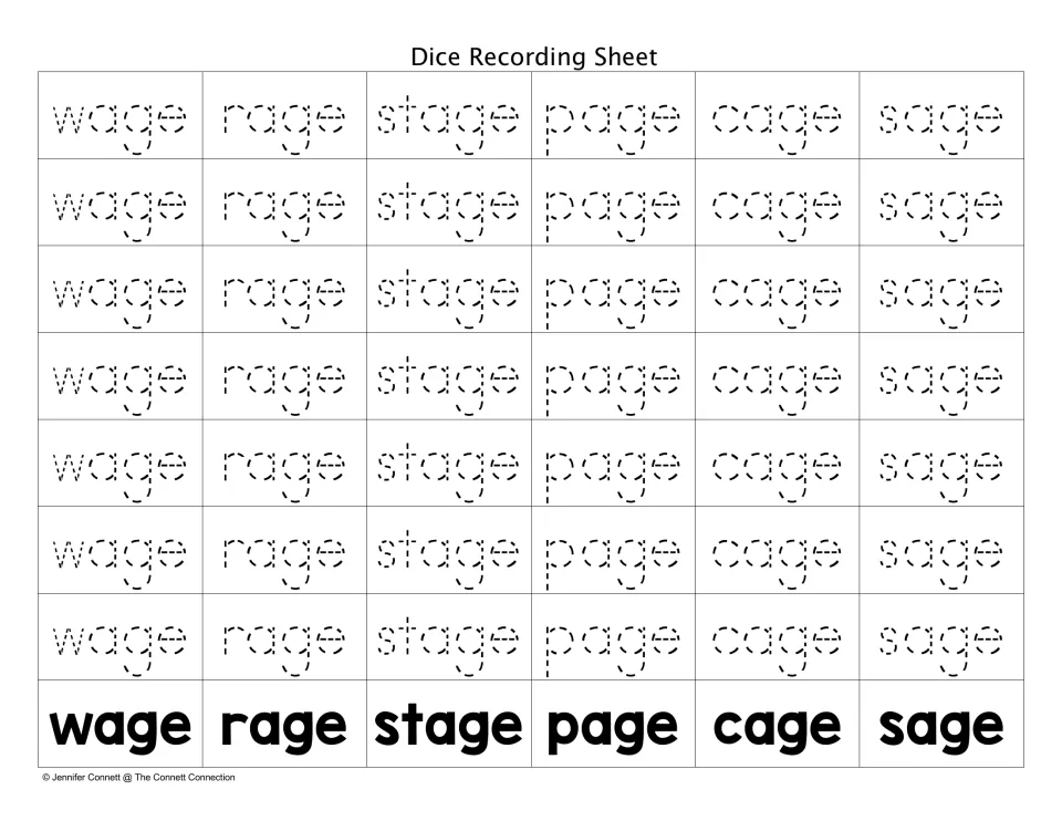 Tracing recording sheet: students trace dotted wage, rage, stage, page, cage and sage words to record each roll of the die