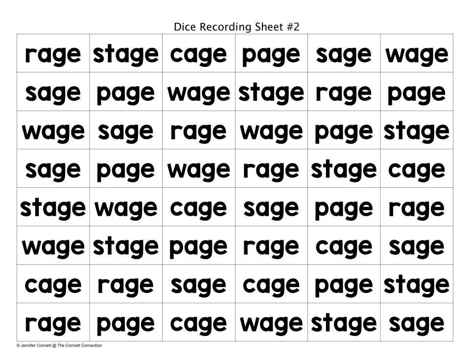 Dice Recording Sheet #2: mixed -age words like rage, stage, cage, page, sage and wage printed for students to read aloud