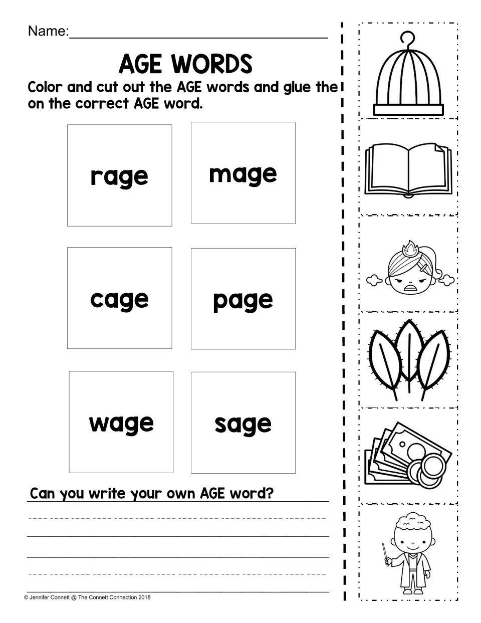 AGE picture-to-word matching worksheet: rage, mage, cage, page, wage and sage, plus a prompt to write a word