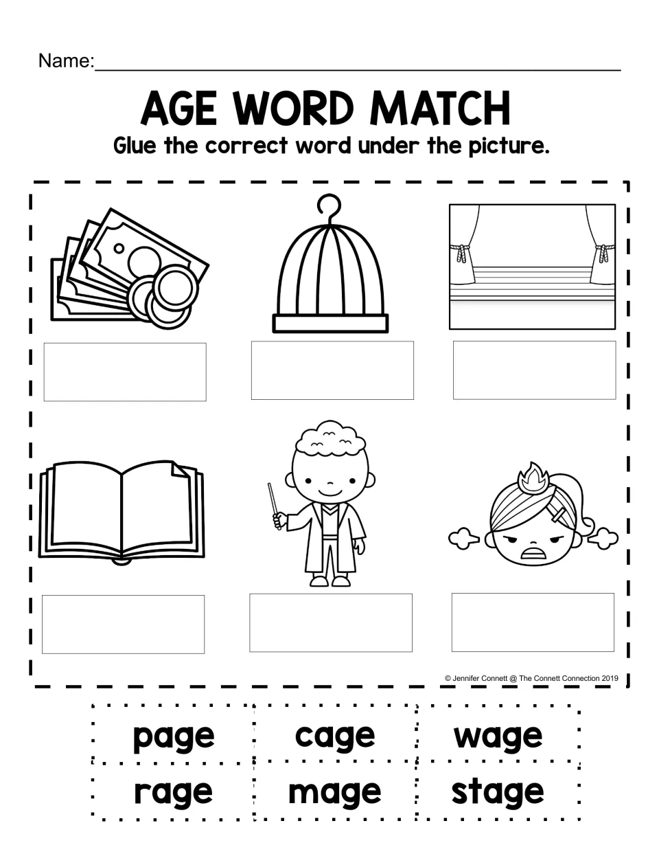 AGE word-to-picture matching worksheet with cutout words page, cage, wage, rage, mage and stage