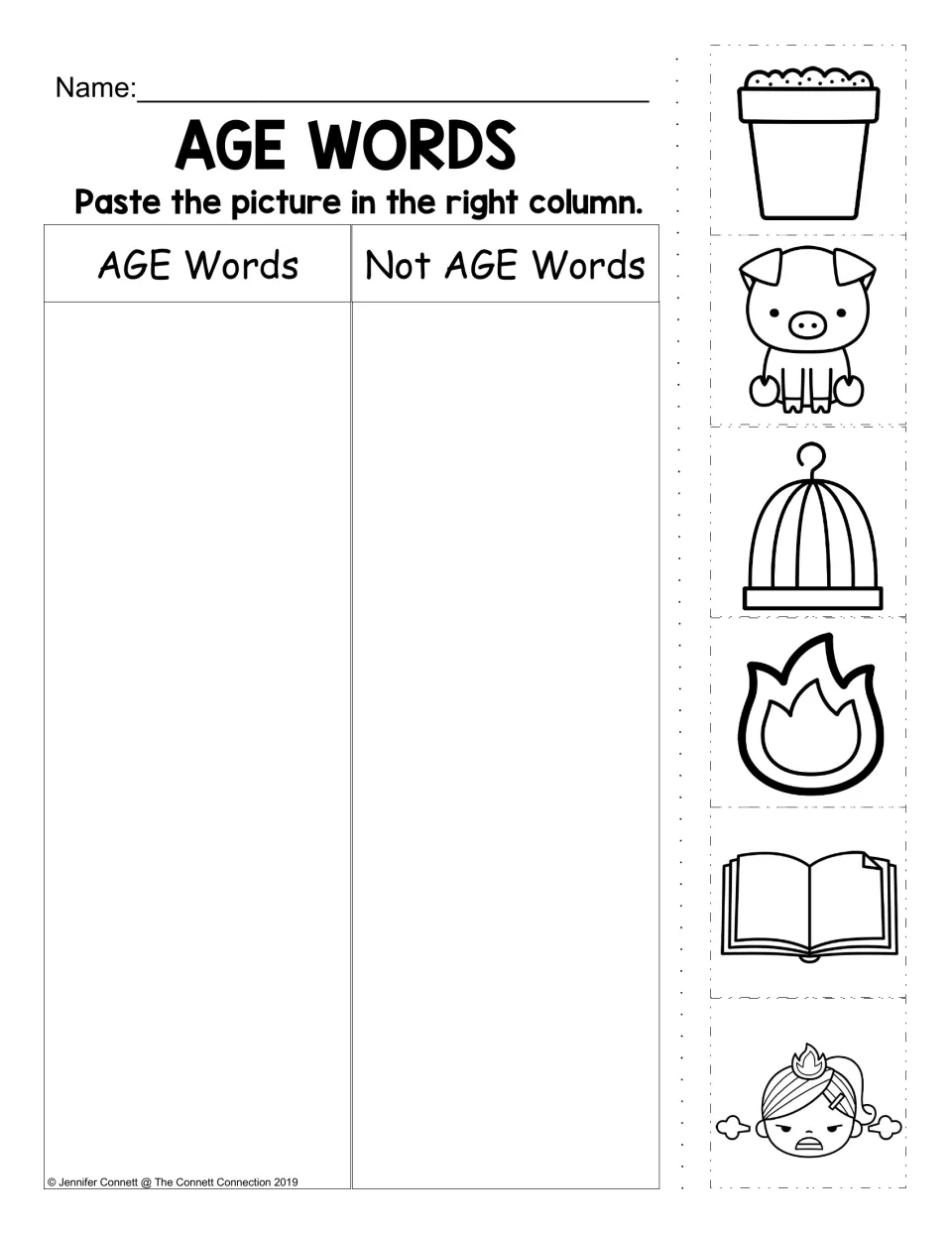 AGE picture sorting worksheet: a pot, pig, cage, flame, open book and angry face to sort by word family