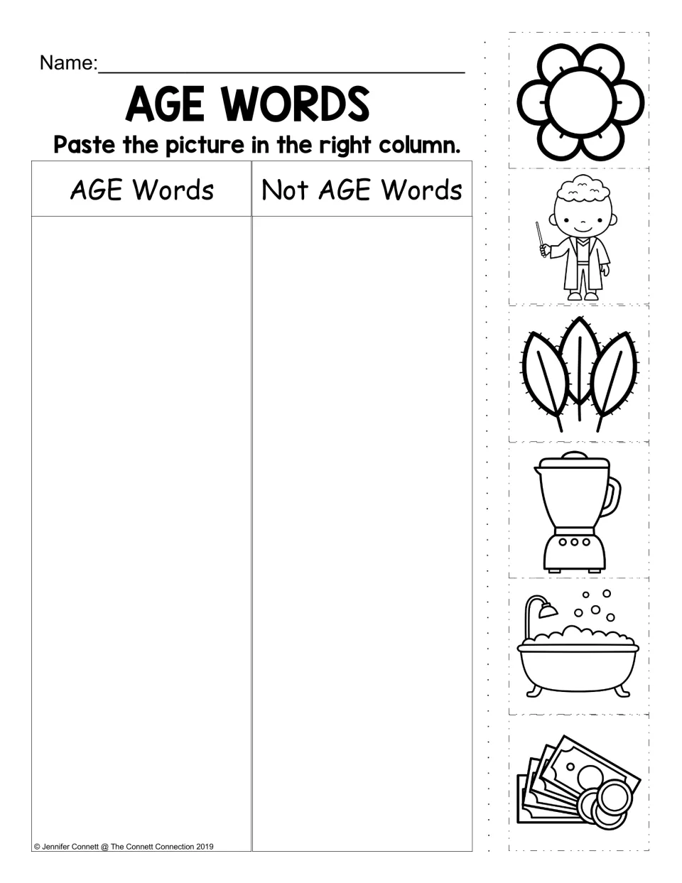 AGE picture sorting worksheet: a flower, mage, sage leaves, blender, bathtub and money to cut and paste