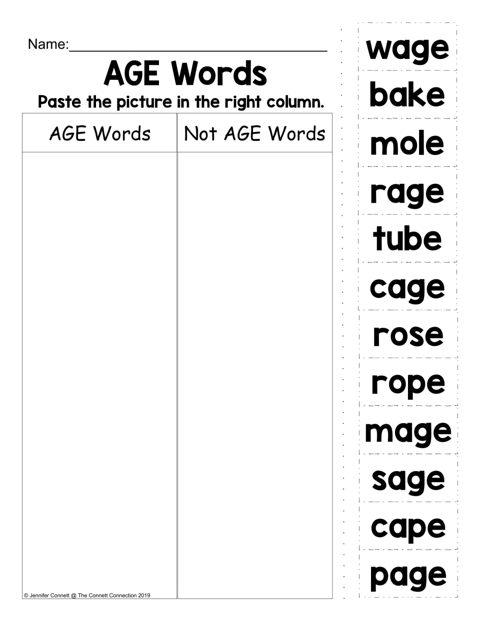 AGE word sorting worksheet: 12 cutouts including wage, bake, mole, rage and cage to sort by word family