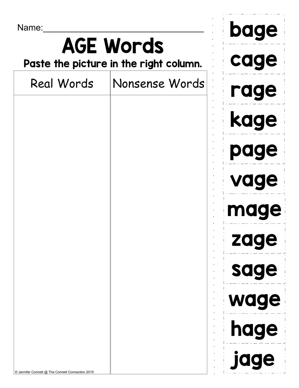 AGE real and nonsense word sorting worksheet: 12 cutouts including bage, cage, rage, kage, page and vage