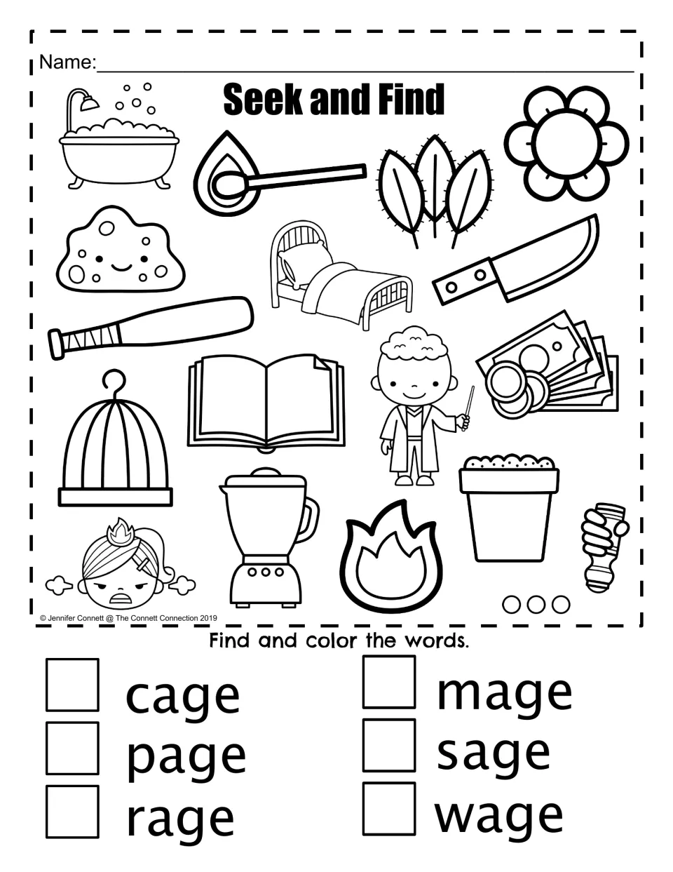 AGE word family Seek and Find worksheet: find and color pictures for cage, page, rage, mage, sage, and wage.