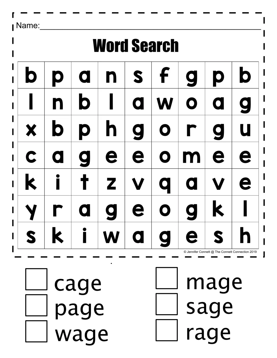 AGE word family Word Search worksheet: find the six hidden words cage, page, wage, mage, sage, and rage.