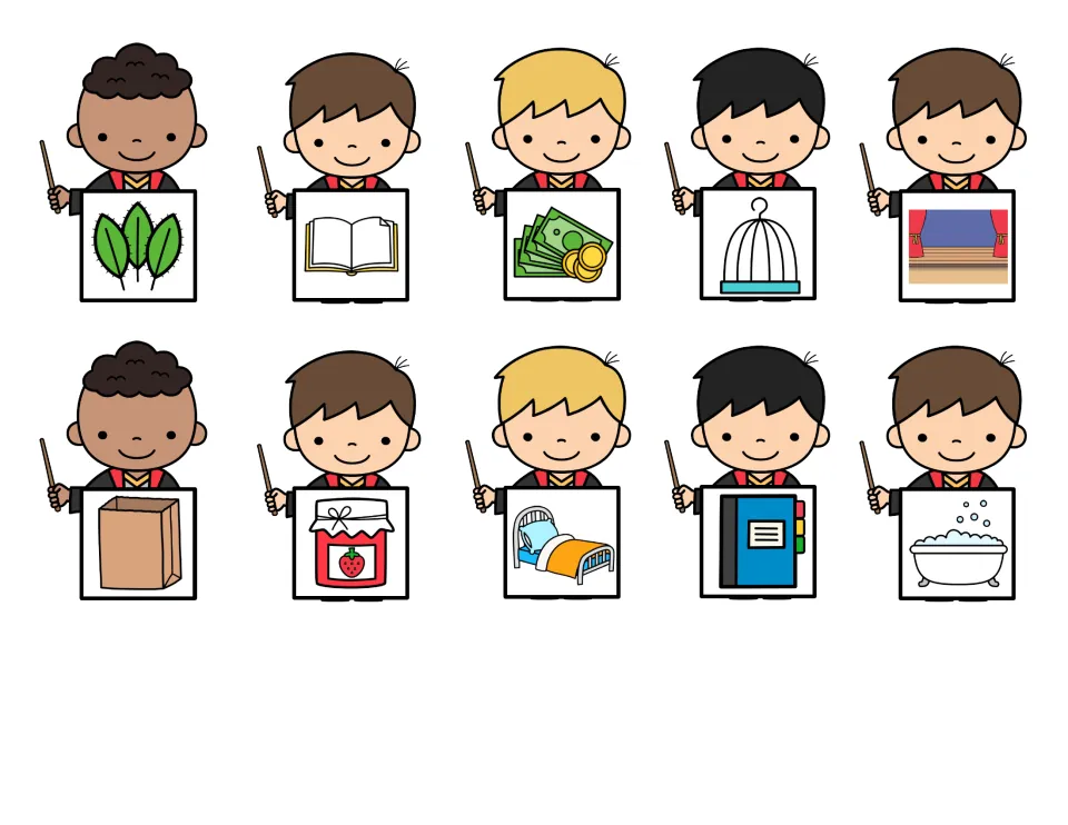 Picture cards for -age sorting: wizard kids hold sage, page, money, cage and stage, plus bag, jam, bed, notebook and tub
