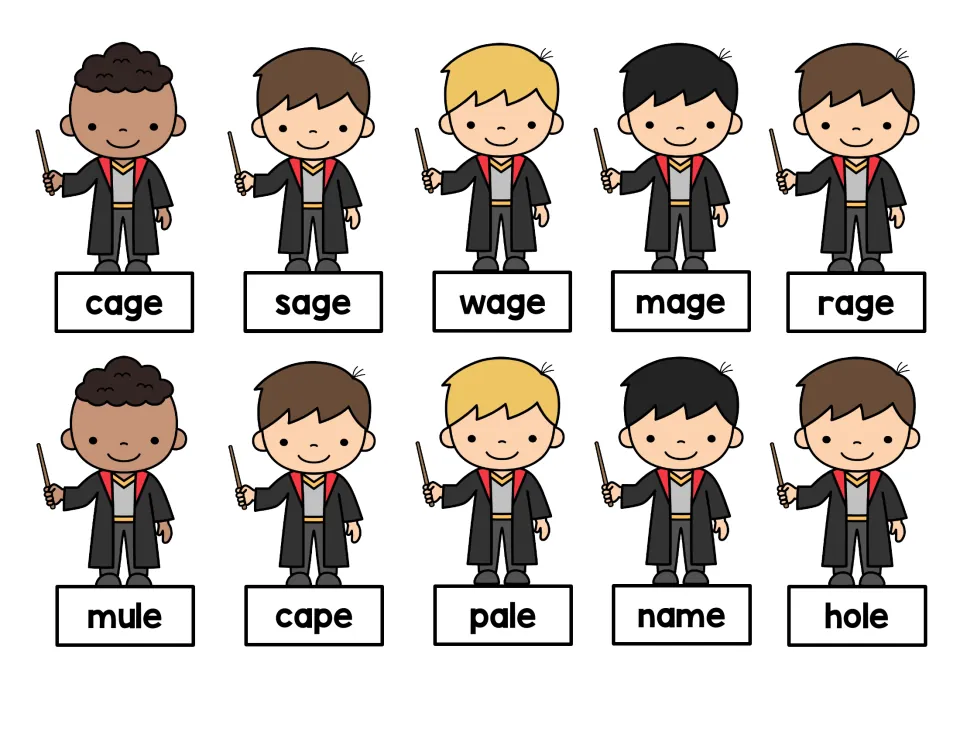 Word cards with wizard kids: -age words cage, sage, wage, mage, rage and non-examples mule, cape, pale, name, hole