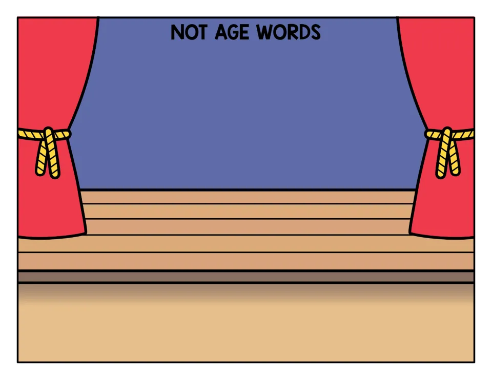 NOT AGE WORDS sorting mat on a matching theater stage, where students place cards that are not in the -age family