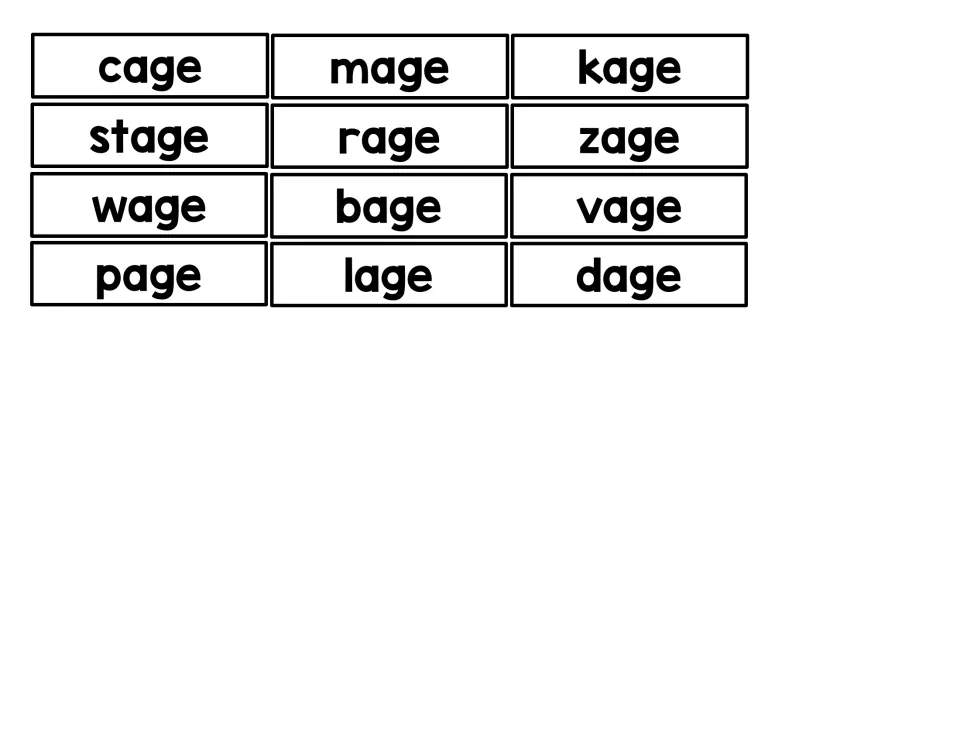 Real and nonsense -age word cards: cage, stage, wage, page, mage, rage with made-up kage, zage, vage, bage, lage, dage