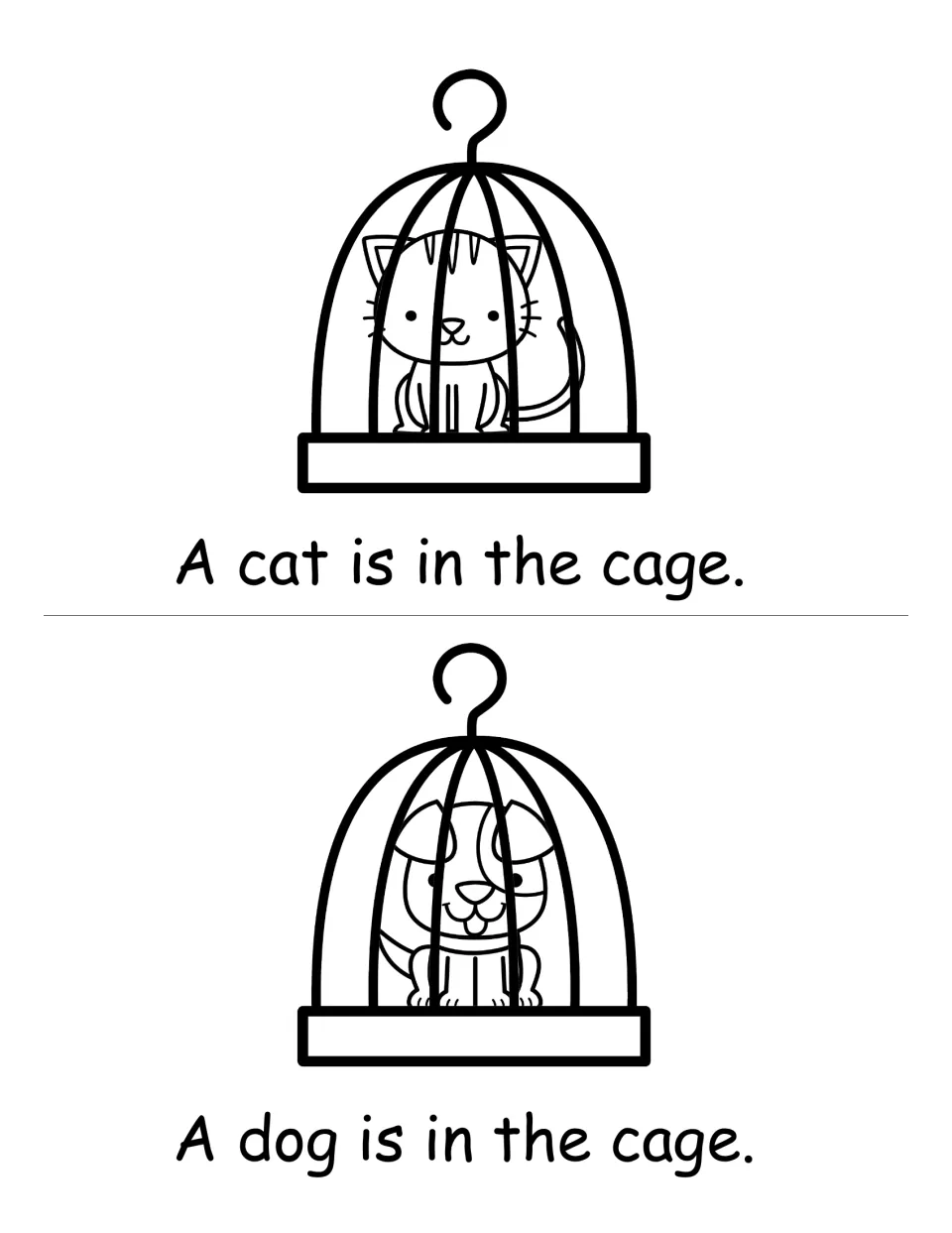 -age word reading: students read 'A cat is in the cage.' and 'A dog is in the cage.' beside a cat and dog in cages