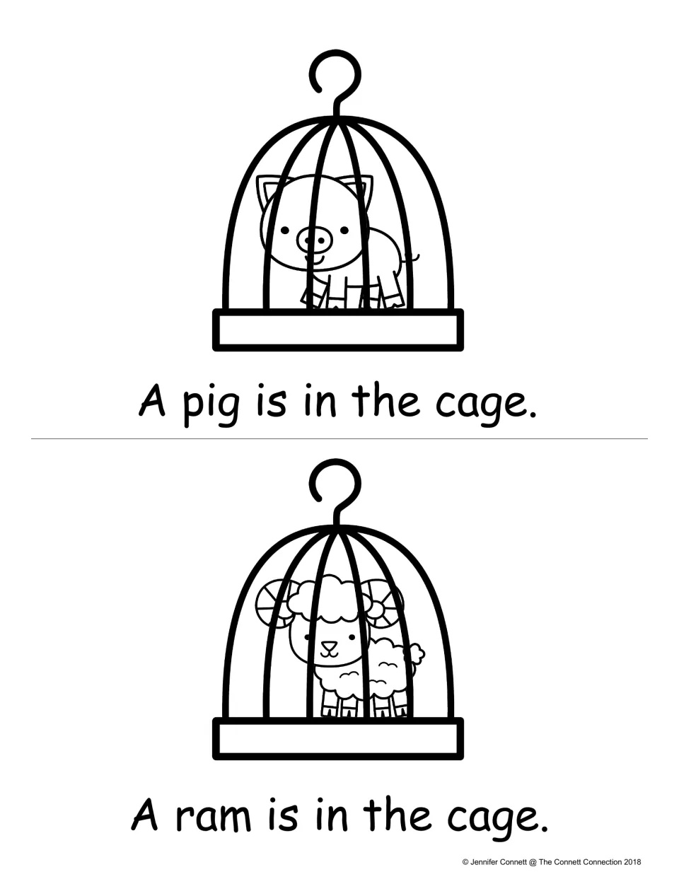 Reading the pattern sentence: students read 'A pig is in the cage.' and 'A ram is in the cage.' beside each animal