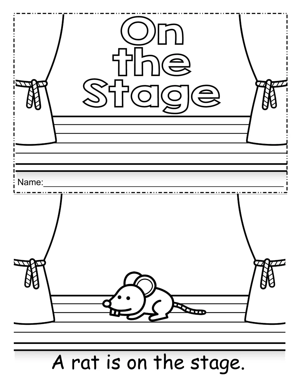 On the Stage mini-book cover with name line, then the first page: a rat on stage above the sentence A rat is on the stage
