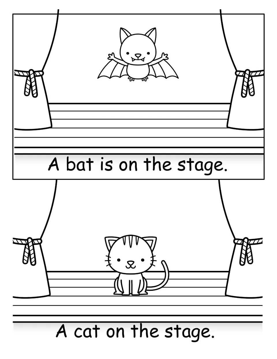 Mini-book pages: a bat and a cat on stage, with the sentences A bat is on the stage and A cat on the stage to read