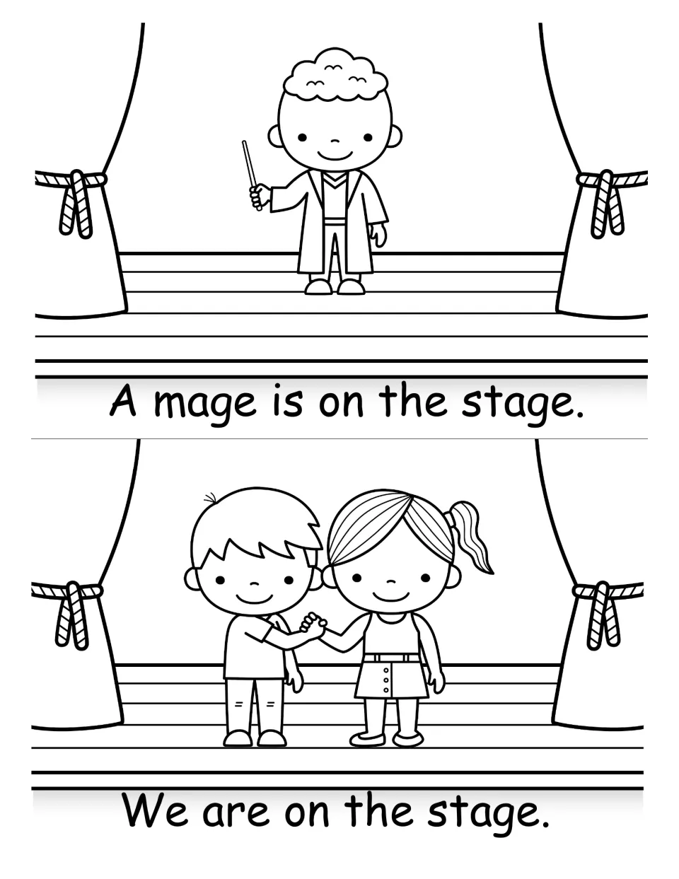 Reading -age words: a mage with a wand and two children holding hands, with A mage is on the stage and We are on the stage