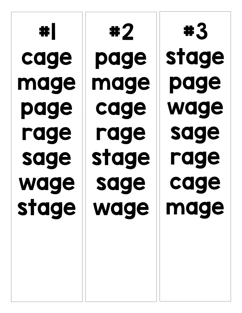 Three AGE word fluency strips repeat cage, mage, page, rage, sage, wage, and stage in different orders.