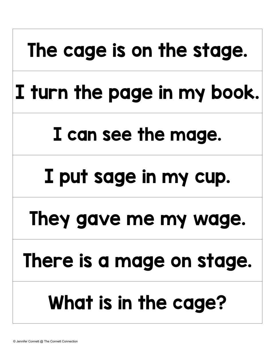 Seven AGE sentence strips include 'The cage is on the stage' and 'I turn the page in my book.'